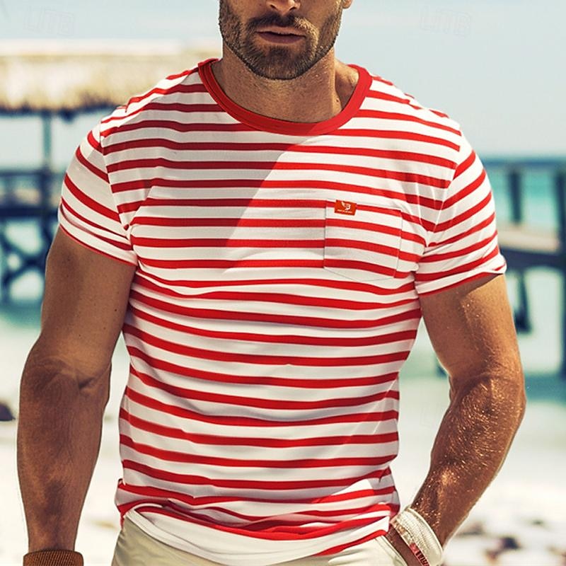 Men's T Shirt Tee Top Short Sleeves Crew Neck Summer Striped Fashion Designer Basic Front Pocket Vacation Street Going out Black Red Navy Blue Top Tee for Men