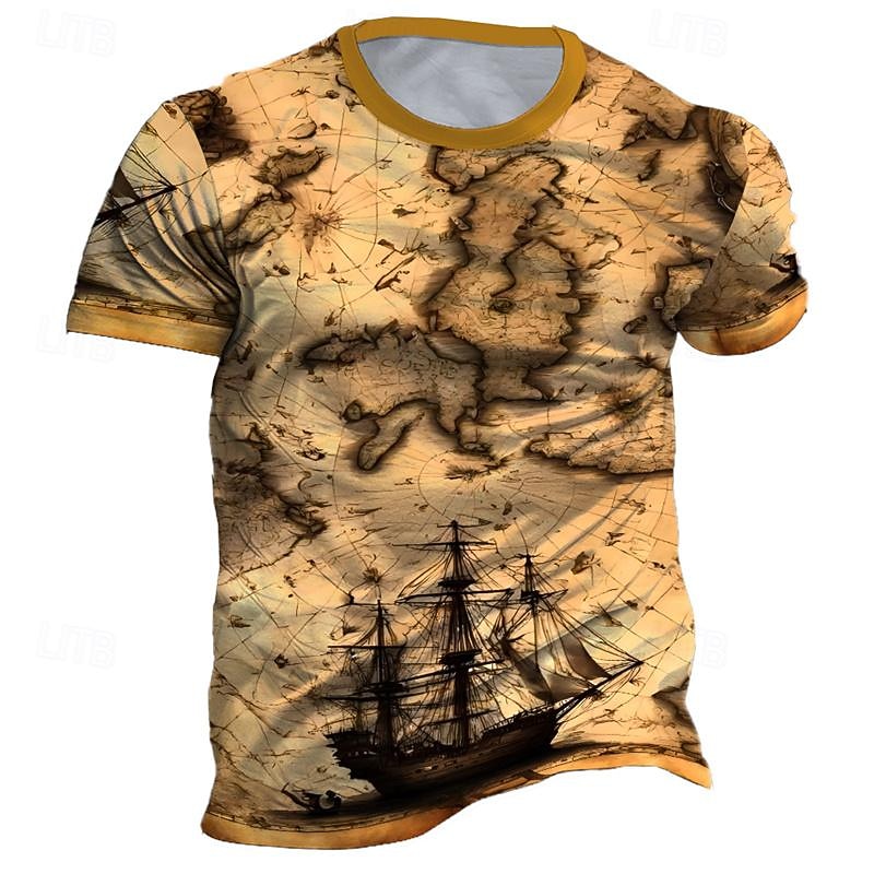 Men's Graphic Map Sailboat T Shirt Short Sleeve T shirt 3D Print Crew Neck Shirt Daily Designer Retro Vintage Sports Outdoor Holiday Going out Blue Brown Green Spring & Summer Clothing Apparel S M L - Main Image