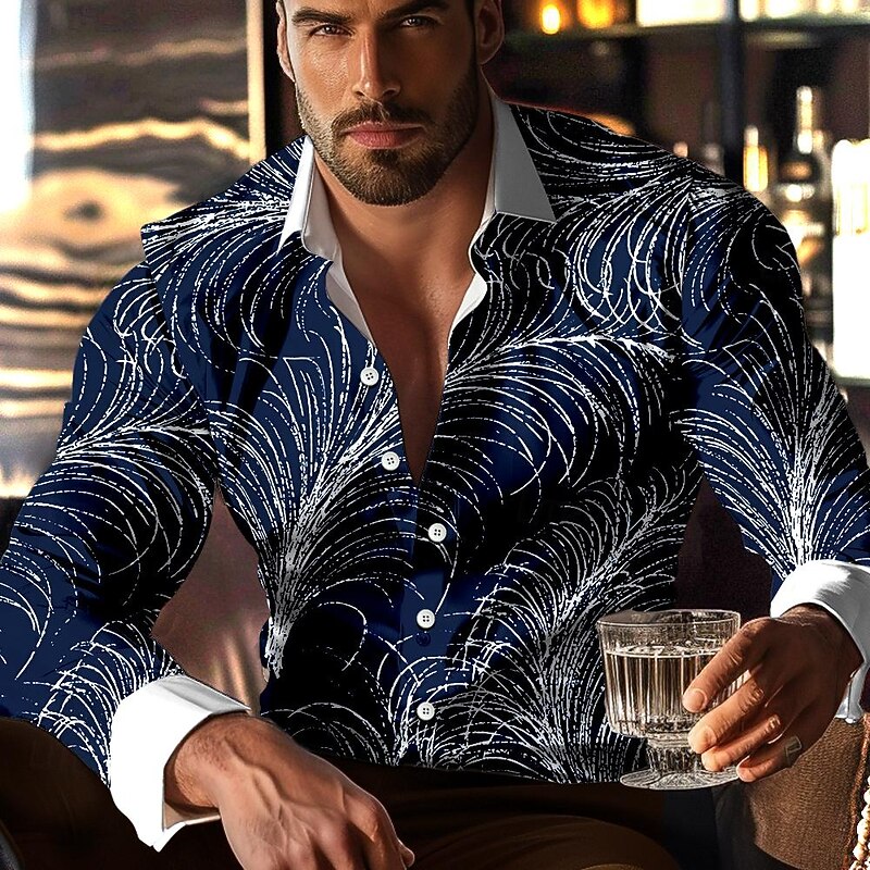 Men's Linear Button Up Shirt Printed Shirts Long Sleeve Business Casual Vacation Party Street Fall Spring & Summer Turndown Print Button-Down Violet Dark Blue2
