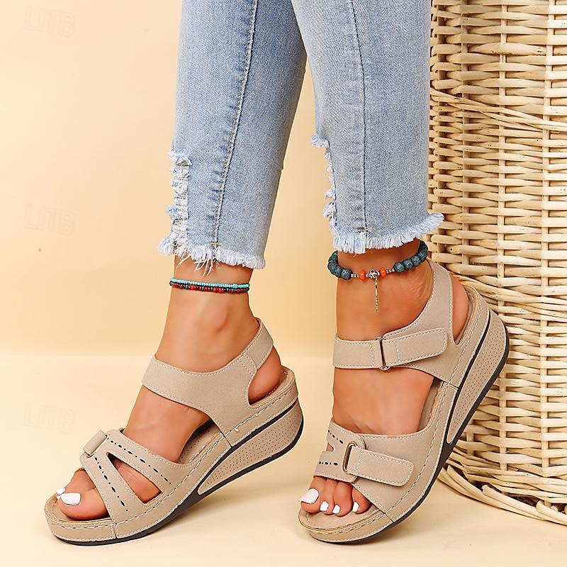 Women's Adjustable Velcro Strap Wedge Sandals – Comfortable Summer Shoes for Walking and Casual Wear