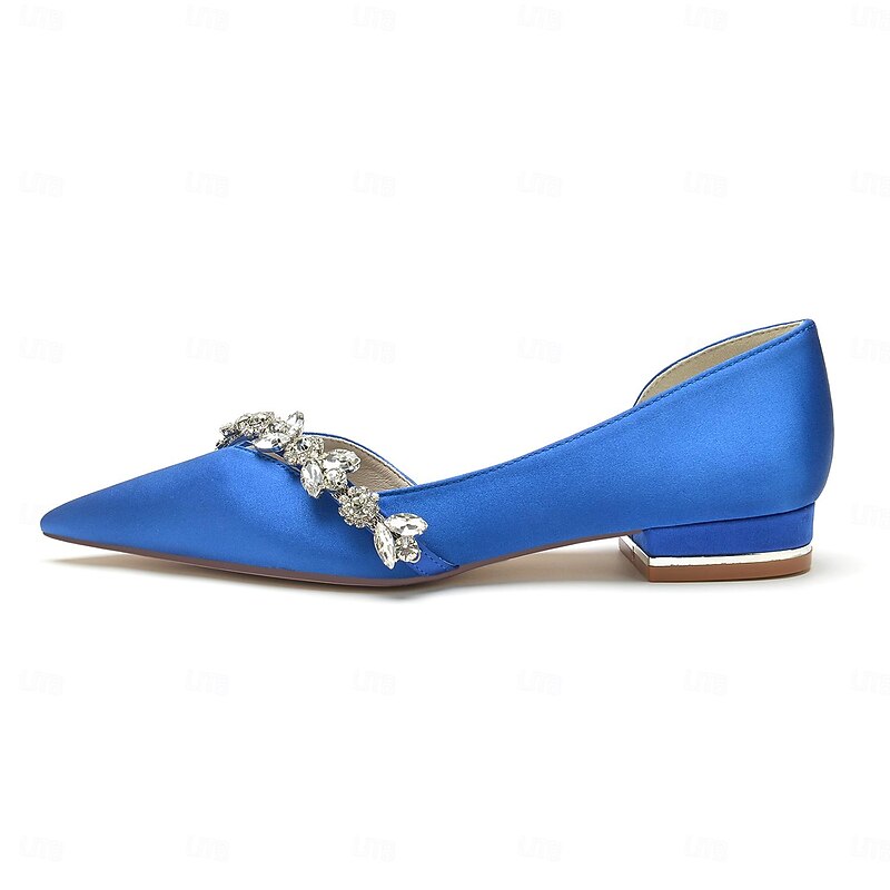 White Satin Flat Wedding Shoes with Pointed Toe and Crystal Floral Embellishment for Bridal Occasions4