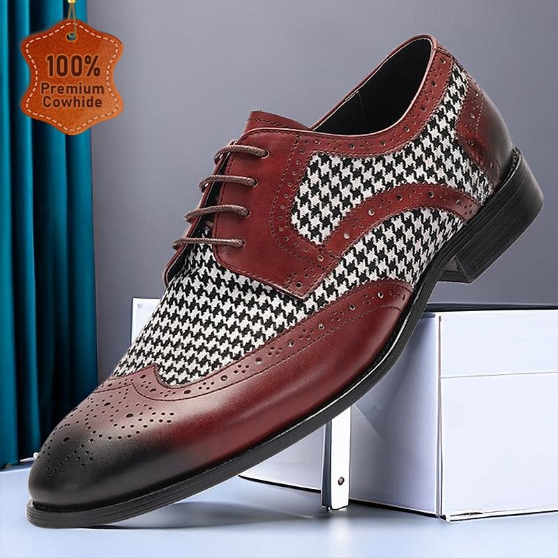 Men's Houndstooth and Leather Brogue Dress Shoes - Red and Black, Ideal for Formal Events and Business Wear