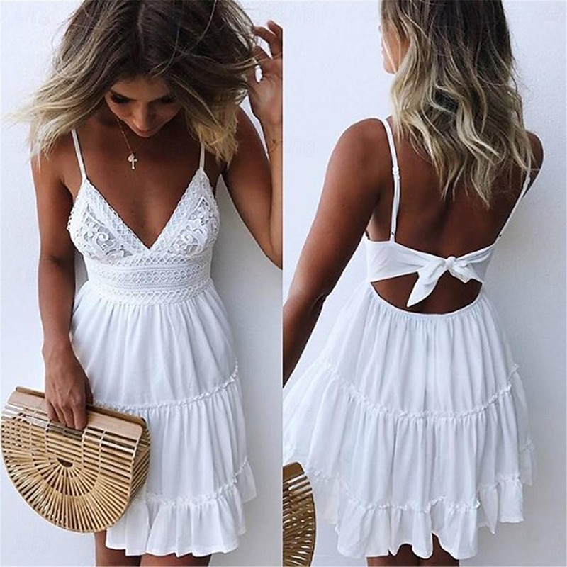 Women's Mini Dress White Dress Graduation Dress Lace Dress Casual Dress Streetwear Sexy Vacation Street Holiday Loose Fit Sleeveless Strap White Pink Summer3