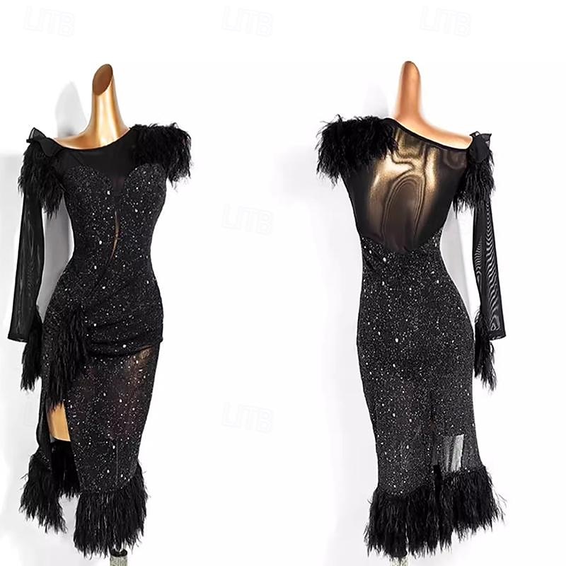 Latin Dance Ballroom Dance Dress Tassel Pure Color Splicing Women's Performance Training Long Sleeve Mesh Stretch Yarn4