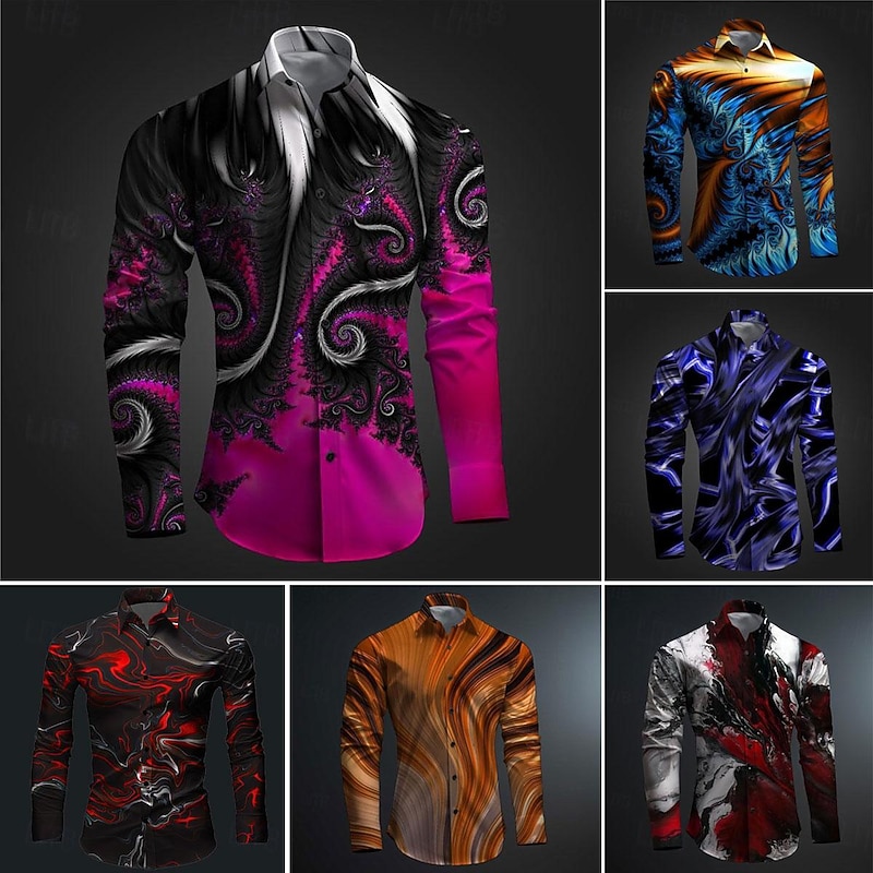 Men's Printed Shirts Long Sleeve Subcultural Vacation Party Street Spring & Summer Turndown Print Button-Down Red+Pink Red Navy Blue Blue Purple