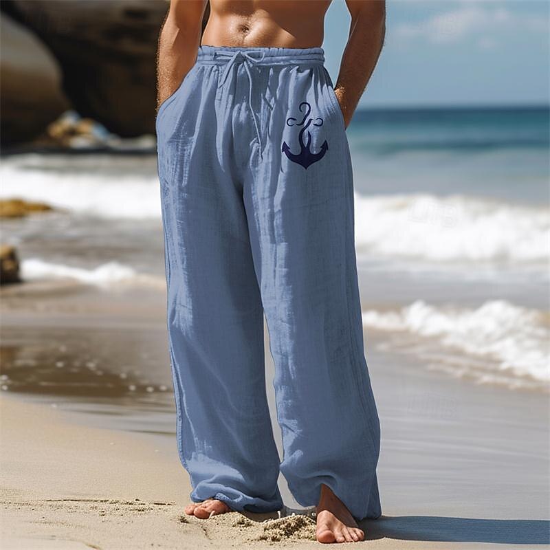 Men's Anchor Linen Pants Pants Trousers Baggy Pants Mid Waist Vintage Outdoor Daily Wear Streetwear Side Pockets Elastic Drawstring Design Black White Blue
