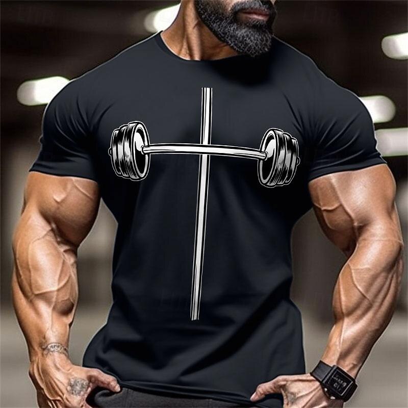 Men's Black Graphic T-Shirt Barbell Cross Gym Workout Short Sleeve Tee
