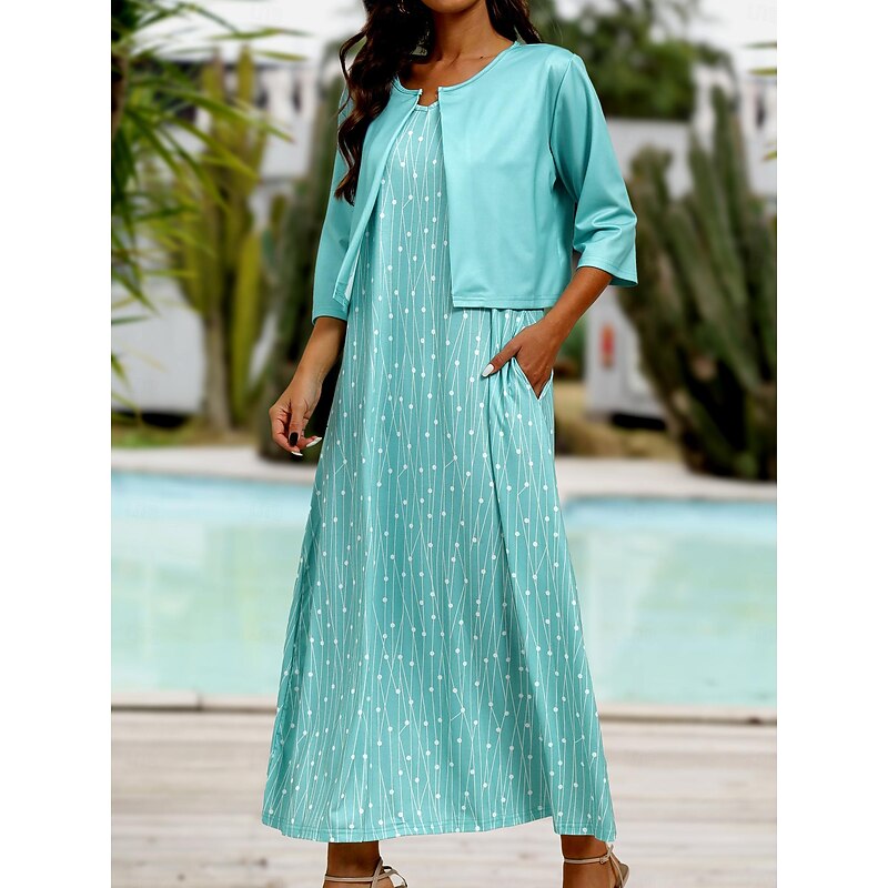 Women's Midi Dress Two Piece Dress Set Casual Dress Wedding Guest Dress Tank Dress Elegant Geometric Polka Dot Pocket Print Half Sleeve V Neck Party Daily Pink Blue Gray Summer Spring Regular Fit