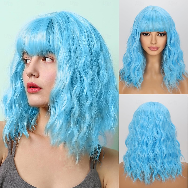 Short Blue Wavy Bob Wigs with Bangs for Women Loose Light Blue Wig Synthetic Shoulder Length Cosplay Wig for Girl Colorful Costume Wigs Halloween Wigs