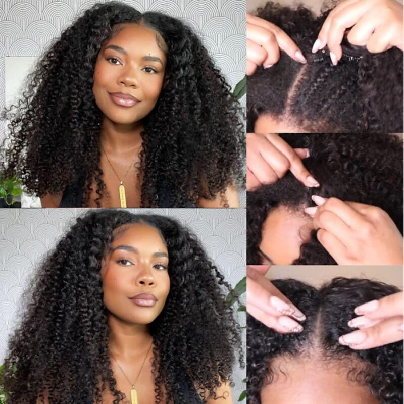 Curly V Part Wigs Brazilian Kinky Curly Human Hair Wigs for Black Women V Shape Wigs No Leave Out Lace Front Wigs Upgrade U Part Wigs Full Head Clip In Half Wigs