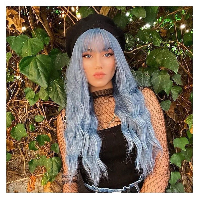 Long Blue Wig Women Long Wavy Pelucas Fluffy Curly Women Synthetic Fiber Realistic Fun Bang Light Blue Colorful Girls Wig Blue Halloween Wigs
