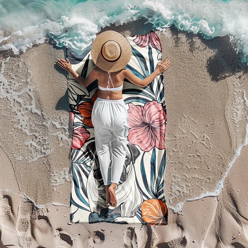 Sandproof Beach Towel Soft Cover Blanket Tropical Pug Large 3D Print Pattern Towel Bath Towel Beach Sheet Blanket Classic 100% Micro Fiber Comfy Blankets3