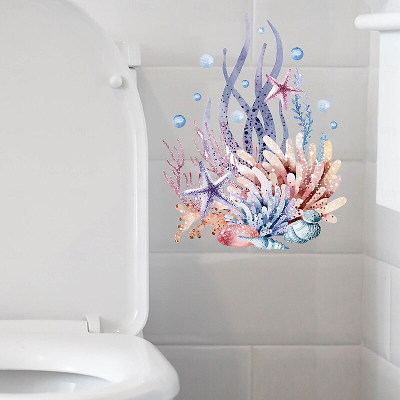 Watercolor Toilet Decals: Coral, Starfish, Seagrass, Jellyfish, Conch - Removable Bathroom Household Wall Stickers, Ideal for Adding a Beachy Vibe to Your Space4