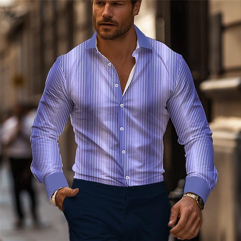 Men's Dress Shirt Printed Shirts Striped Street Wear to work Purple Orange Long Sleeve Turndown Spring & Summer Clothing Apparel Print