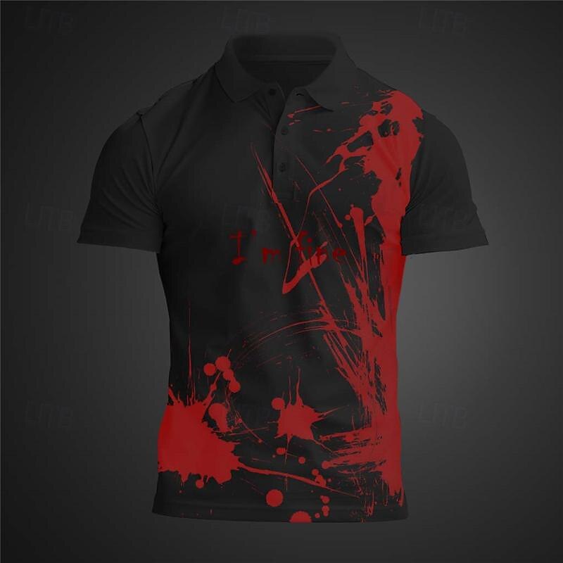Men's Blood Splatter Polo Shirts Short Sleeve Polo Shirts Collared Shirts Casual Horror Streetwear Festival Wear Party Outfits 3D Print Buttons Summer Black White Red3