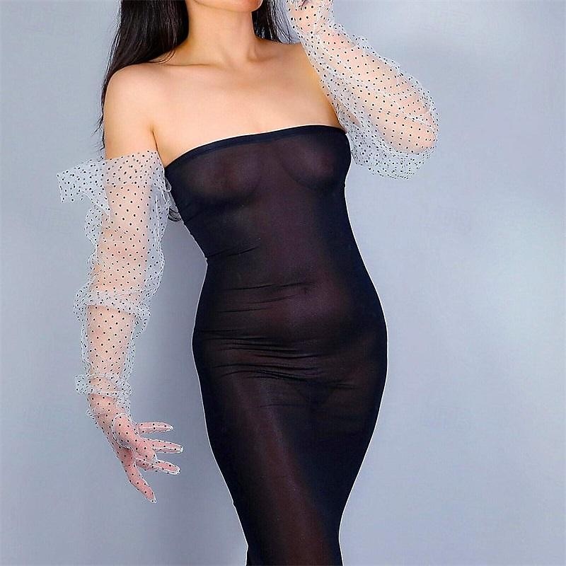 Women Long Wedding Gloves Polka Dot Mesh Semi Sheer Bridal Gloves Wedding Translucent Gloves3