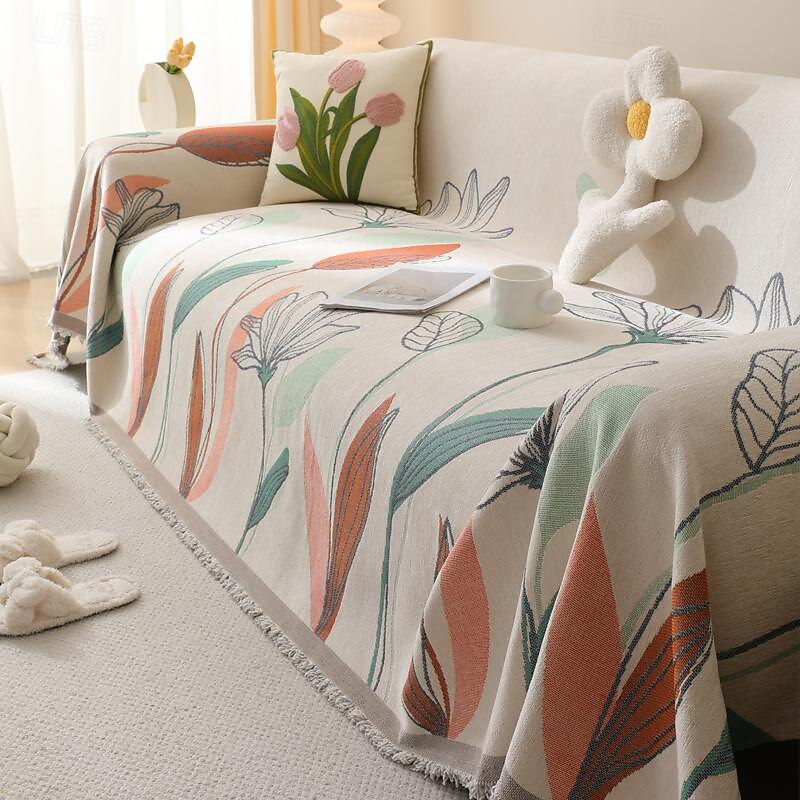 Throw Blankets for Couch and Bed, Soft Cozy Sofa Cover Chenille Blanket with Tassel ,Decorative Blankets and Throws, Leaf Yarn-dyed Blanket for Funiture Protection