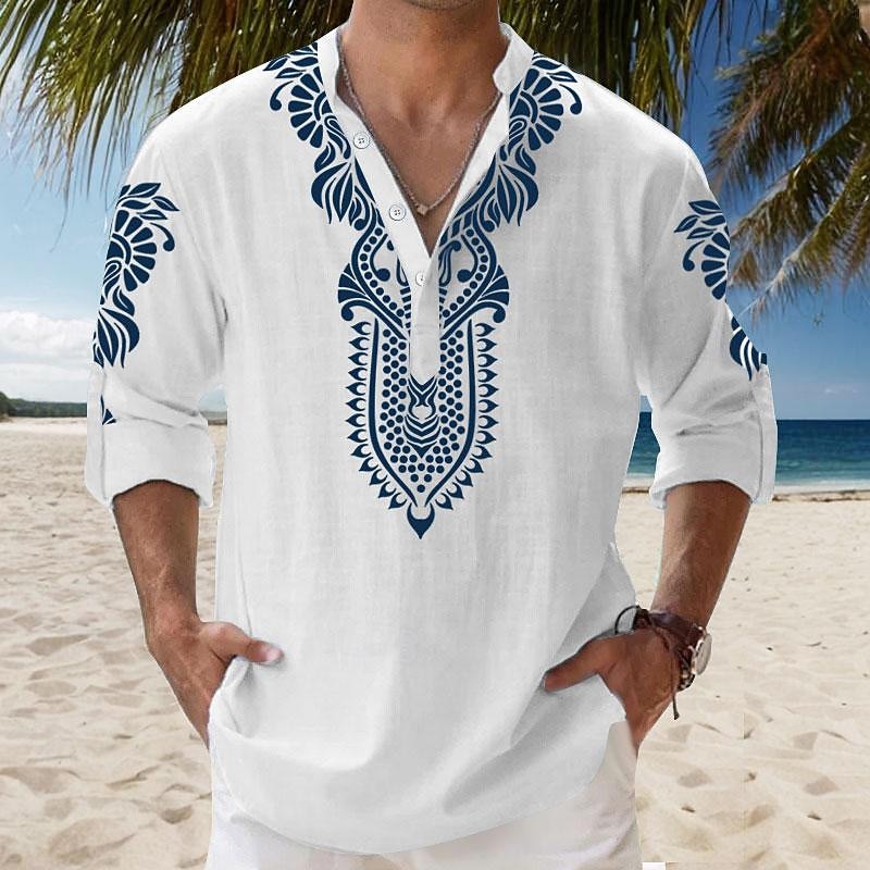 Men's Tribal Ethnic Bandana Print Shirt Linen Shirt Button Up Shirt Long Sleeve Tribal Vacation Daily Wear Going out Spring &  Fall Stand Collar Buttons Print White Blue Khaki4