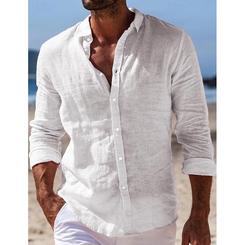 Men's Shirt Linen Shirt Summer Shirt Beach Wear Button Up Shirt Plain Vacation Casual Black White Pink Navy Blue Long Sleeve Turndown Spring & Summer Clothing Apparel2