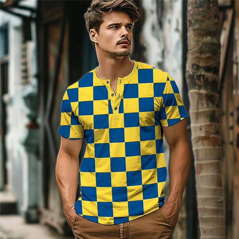 Colorful Holiday X Designer Kris Men's Plaid Printed Henley Shirt Short Sleeve Button-Up T Shirt2