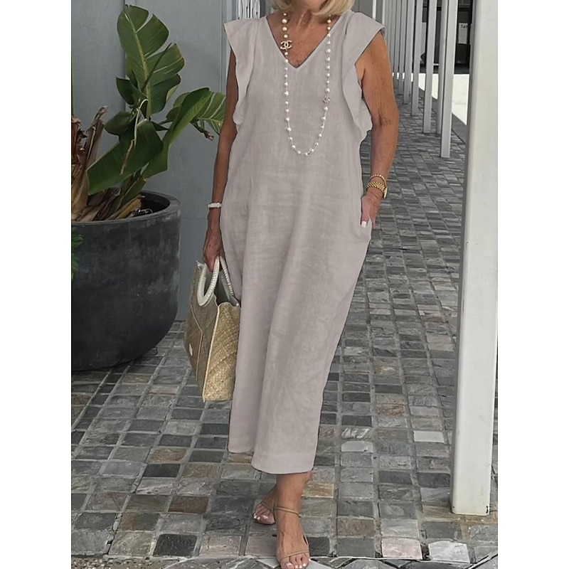 Women's Black White Yellow Summer Spring Maxi long Dress Midi Dress White Dress Cotton Linen Dresses Sundress Modern Casual Daily Weekend Loose Fit Plain V Neck2