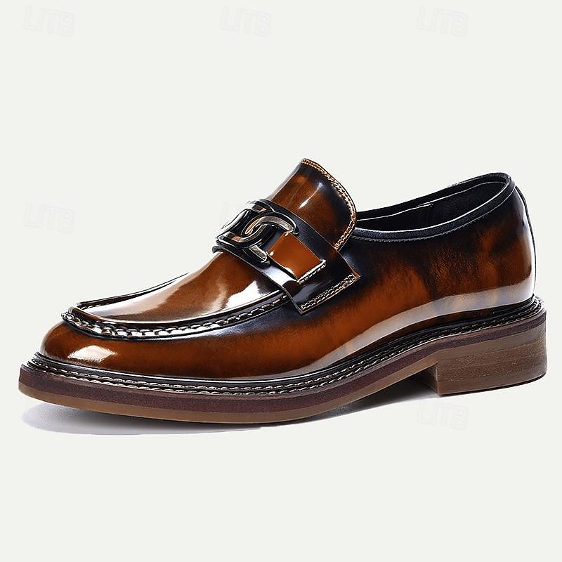 Men's Premium Cowhide Leather Loafers with Glossy Finish, Chain Detail - Formal Dress Shoes for Business, Weddings & Special Occasions3
