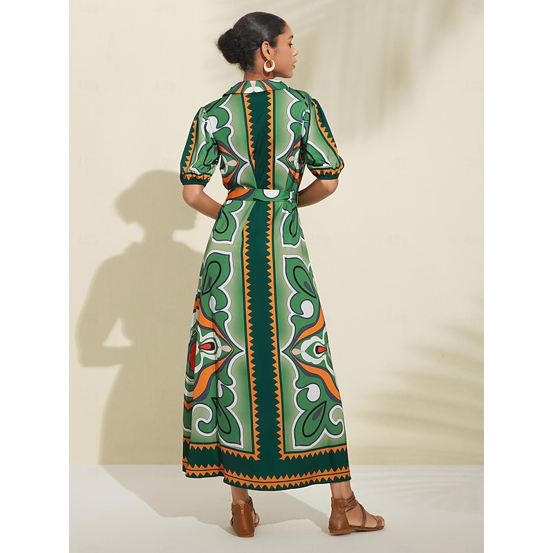 Women's Shirt Dress Maxi Dress Green Short Sleeve Geometic Button Up Belted Summer Lapel Dresses S M L2