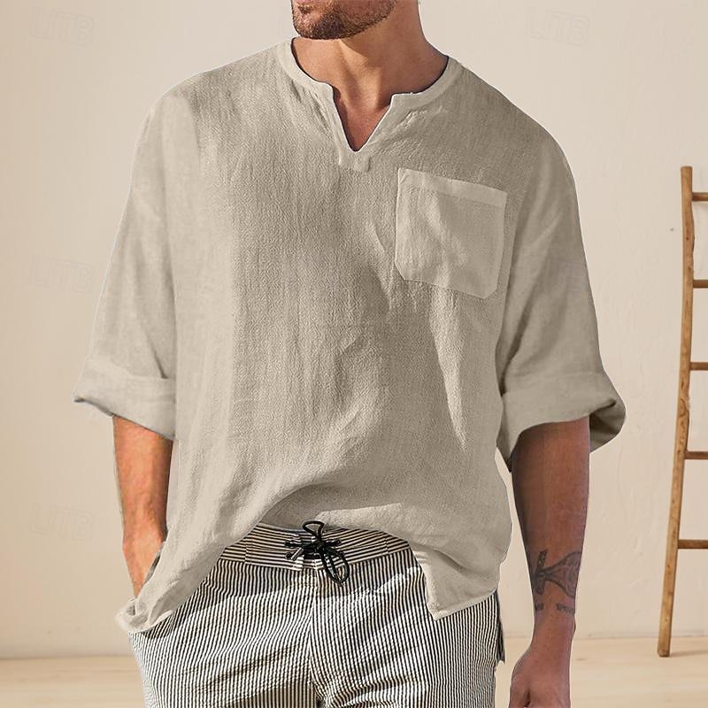 Men's Shirt Linen Shirt Cotton Linen Shirt Casual Shirt Plain Hawaiian Holiday Black Blue Khaki Gray Long Sleeve V Neck Spring &  Fall Clothing Apparel Sexy - Main Image