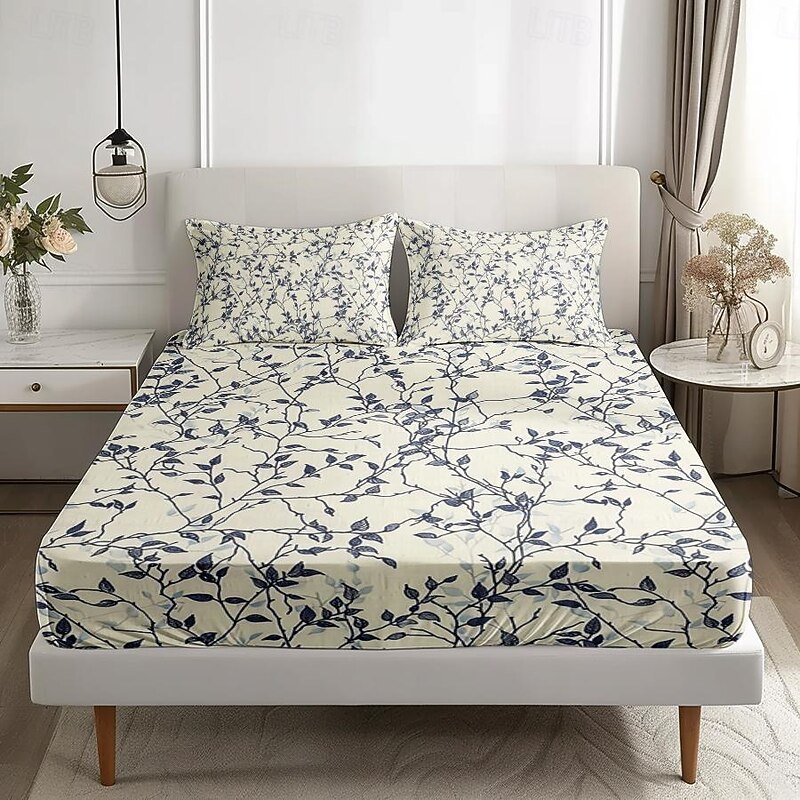 Leaves Pattern Fitted Sheet Set 100% Cotton Ultra Soft Breathable Silky  Bed Sheets Deep Pocket Bedding Sheets 3 Piece Queen King Size