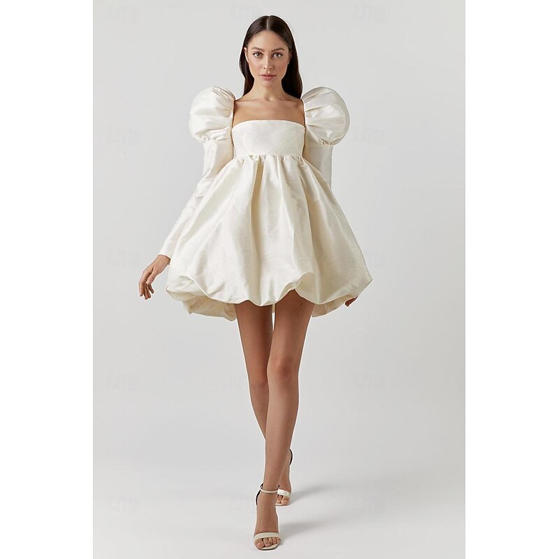 Vintage 1950s Mini Dress Little White Dress Bridal Bishop Sleeves Solid Colored A-Line Square Neck Fancy Dress Women's Masquerade Wedding Bridal Shower Bachelorette Party Adults' Dress Homecoming3