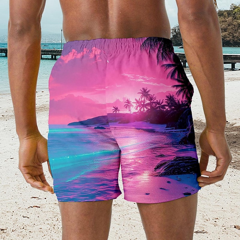 Men's Coconut Tree Landscape Swim Trunks Swim Shorts Board Shorts Mid Waist Hawaiian Casual Holiday Beach Drawstring with Mesh lining Elastic Waist Designer Clothing Apparel2