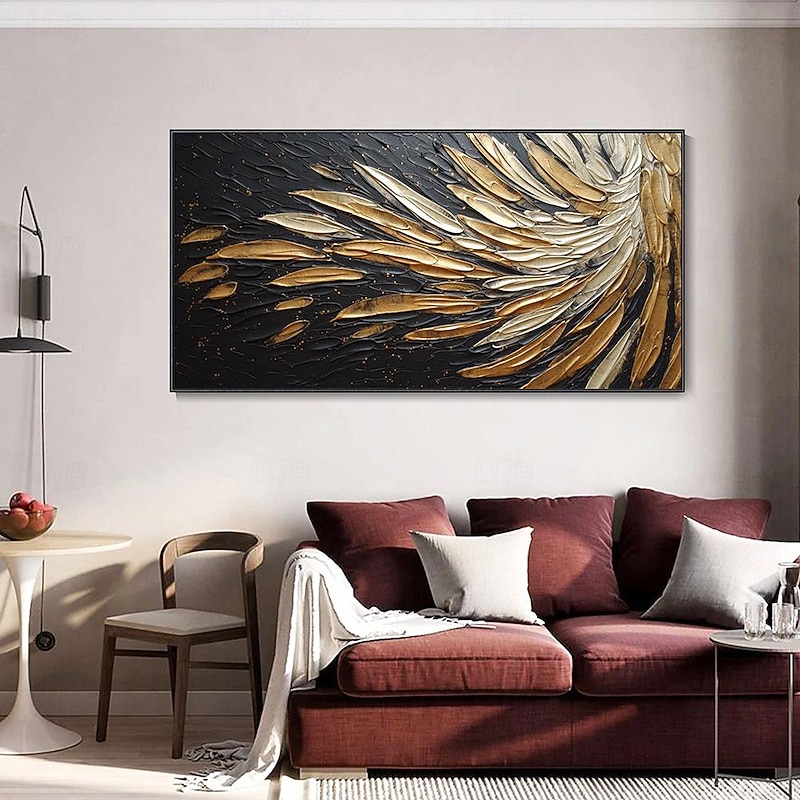 Hand painted Abstract Feather Oil Painting on Canvas hand painted Modern Wall Art Gold Black Painting for Living Room bedroom Wall Decor Custom Textured Painting artwork4