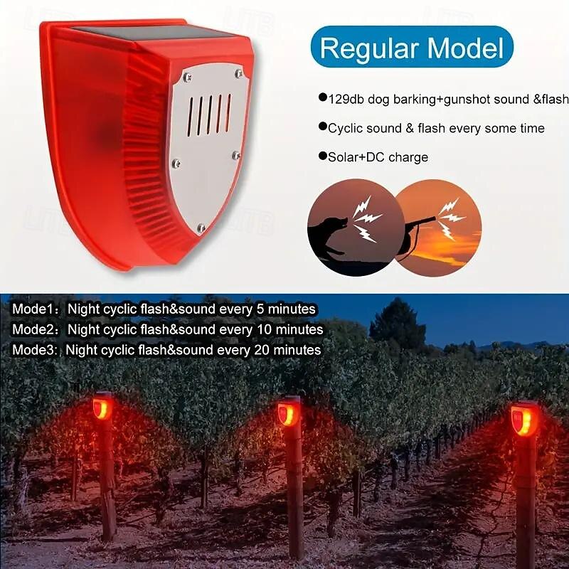 Solar-Powered Animal Repellent Alarm with Dog Barking, Gunfire Sound & SOS Light - Waterproof, Rechargeable for Home, Farm & Outdoor Use3