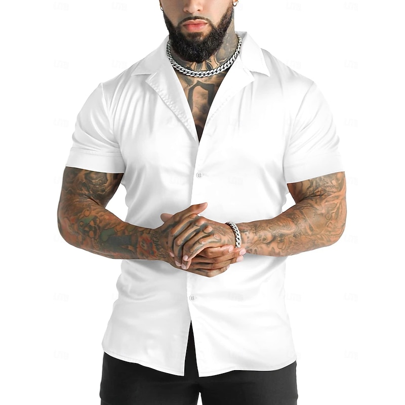Men's Shirt Satin Shirt Summer Shirt Button Up Shirt Casual Shirt Black White Blue Short Sleeve Solid Color Lapel Daily Vacation Clothing Apparel Fashion Casual Comfortable4