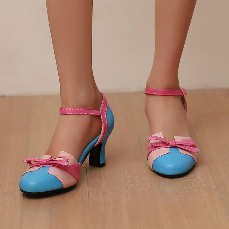 Women's Colorful Mary Jane Heels – Blue and Pink Bowknot Pumps with Ankle Strap for Party & Cosplay3