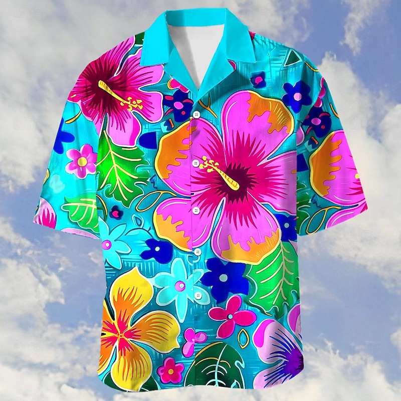 Men's Floral Print Tropical Flowers Shirt Summer Hawaiian Shirt Aloha Shirt Shirt Cuban Collar Vacation Fashion Hawaiian Outdoor Street Casual Sky Blue Purple Dark Blue S M L