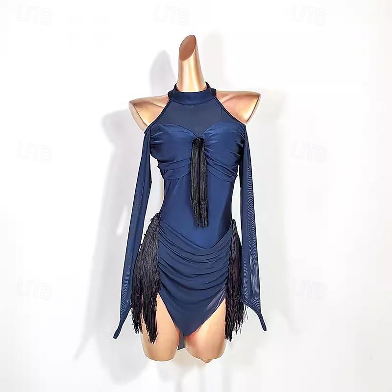 Latin Dance Dress Tassel Splicing Women's Performance Training Long Sleeve Polyester Mesh Spandex