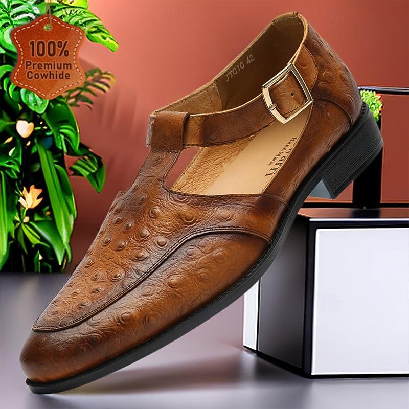 Men's Premium Cowhide T-Strap Dress Sandals – Vintage Leather Formal Shoes with Buckle Closure for Office and Wedding Wear