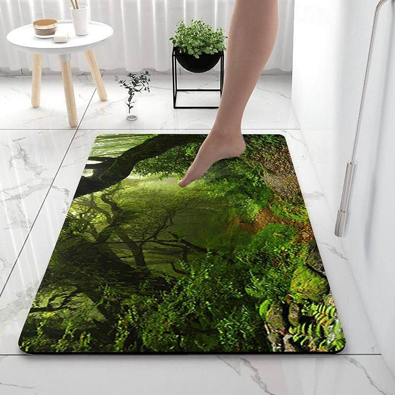 Forest Diatomaceous Earth Bath Mat Soft Mat Rubber Anti-Slip Fast Dry Super Absorbent Thin Bathroom Mat for Under Door - Bathroom Floor Mat Rug Bathtub Front Shower Mat Sink2