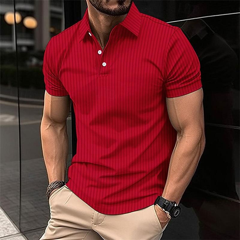 Men's Golf Shirt Golf Polo Work Casual Lapel Short Sleeve Basic Modern Striped Button Spring & Summer Regular Fit claret Dark Red Black White Dark Navy Royal Blue Golf Shirt4