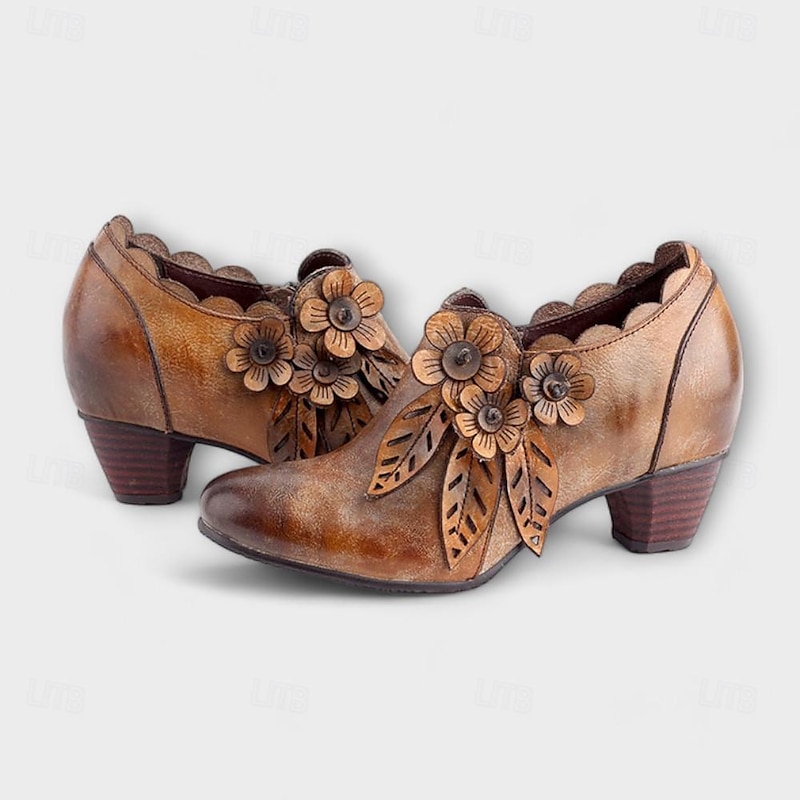 Women's Vintage Brown Premium Cowhide Leather Ankle Boots with Floral Embellishments – Retro Style for Fall and Winter3