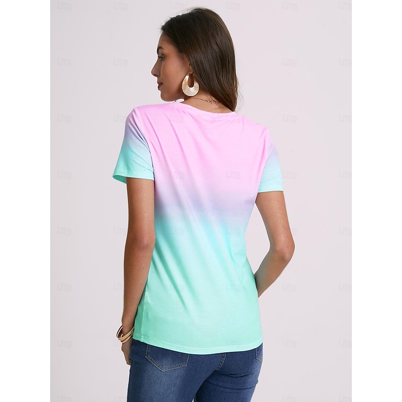 Women's T Shirt Ombre Color Gradient Fashion Short Sleeve Round Neck Regular Tops Vacation Daily Going out Print Yellow Blue Orange Light Blue Summer2