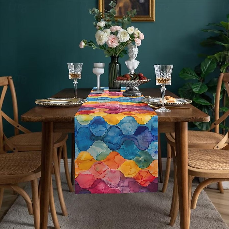 Floral Colorful Print Country Style Table Runner, Kitchen Dining Table Decor, Print Decor Table Runners for Indoor Outdoor Home Farmhouse Holiday Wedding Birthday Party Decoration2