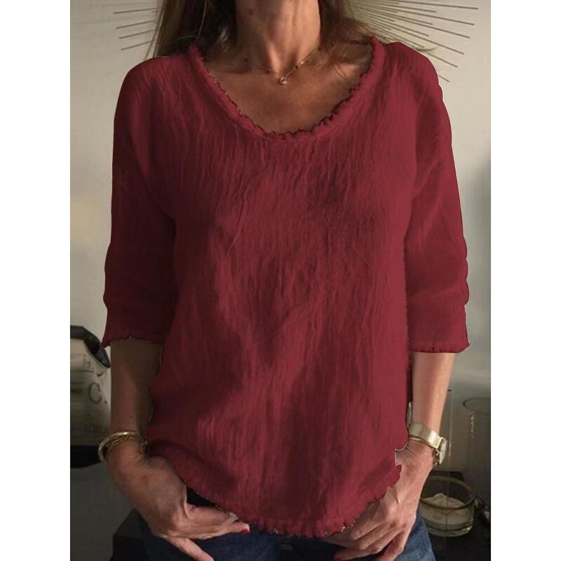 Women's Linen-Inspired Shirts T Shirt Solid Color Fashion Round Neck Street Daily Tassel White Yellow Wine Gray Summer4