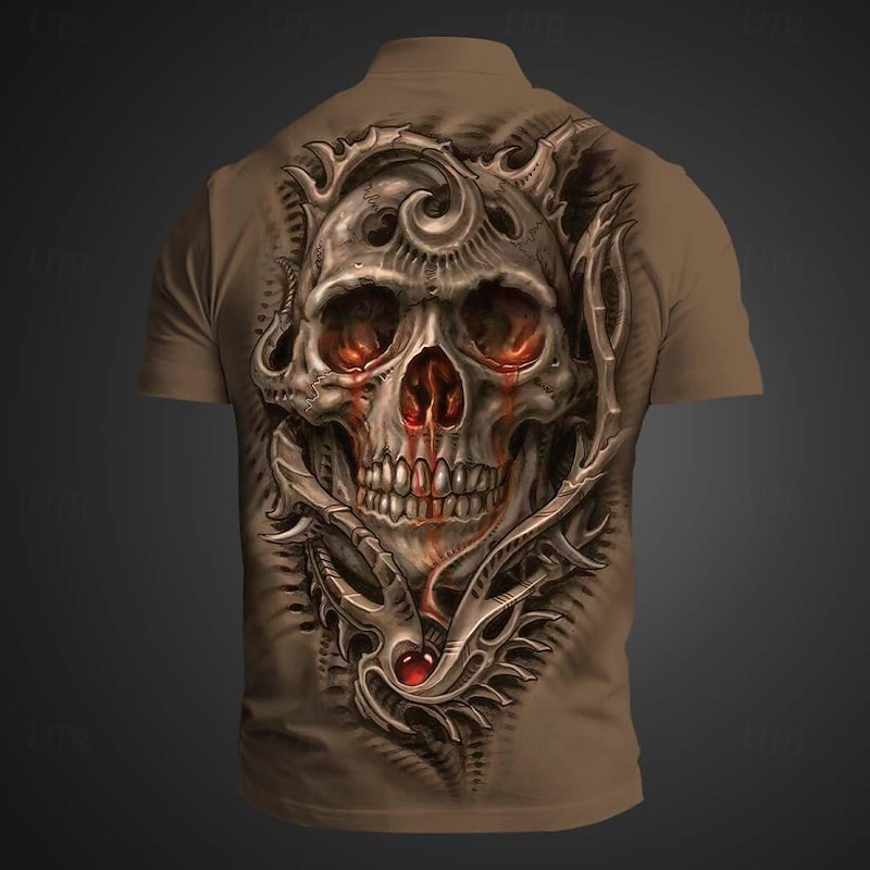 Day of the Dead Men's Skull Polo Shirts Short Sleeve Polo Shirts Collared Shirts Casual Horror Streetwear Festival Wear Party Outfits 3D Print Buttons Summer Spring Fall Black White Brown