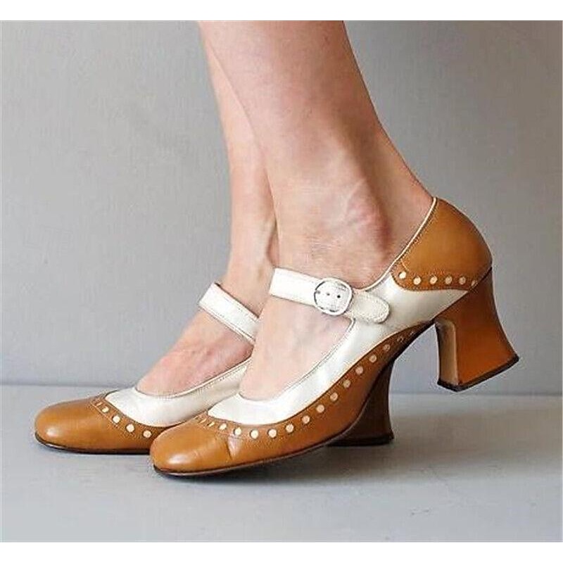 Women's Light Brown and White Mary Jane Heels with Decorative Buckle and Studded Detailing-Perfect for Vintage Gatsby-Inspired Events and Special Occasions3