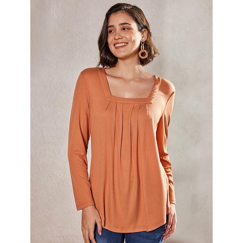 Women's T Shirt Burgundy Tee Dressy Tops Plain Daily Basic Beach Long Sleeve Square Neck Regular Tops Casual White long sleeve Blue long sleeve Black long sleeve Wine red long sleeves Pink Fall2