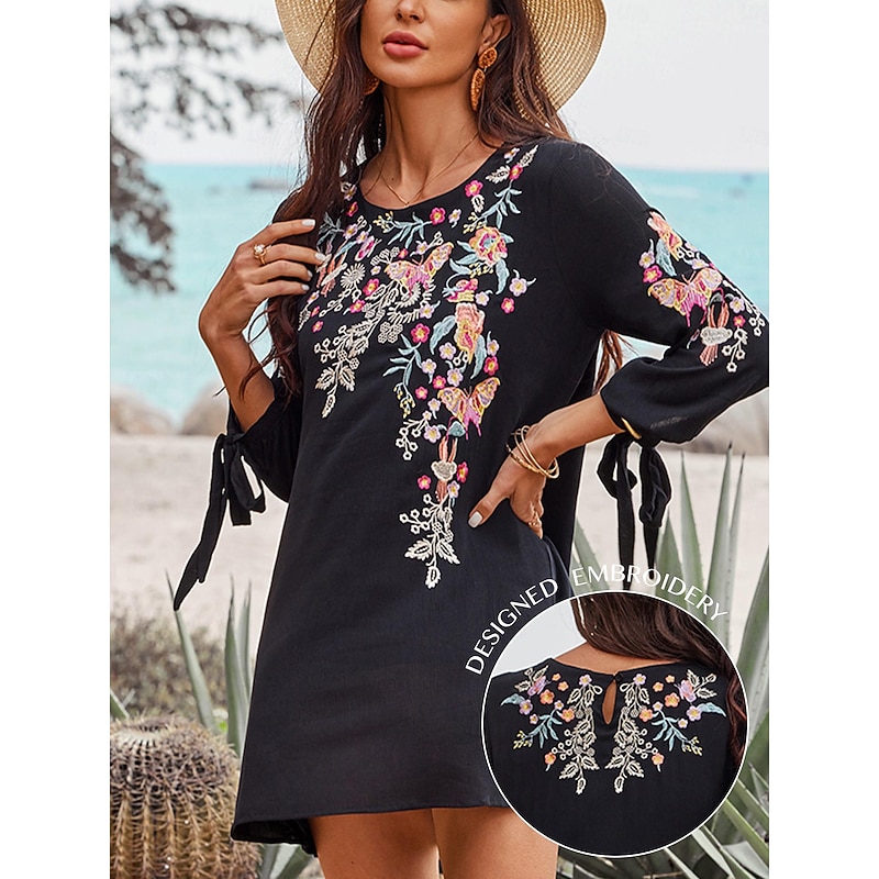 Women's Black Dress Embroidered Mini Dress Cotton Classic Boho Floral Flowy Shift Dress Crew Neck Long Sleeve Daily Summer Spring Black3