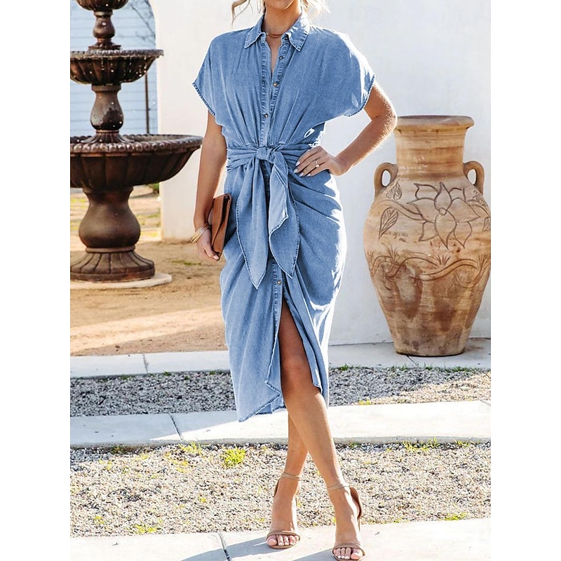 Women's Shirt Dress Midi Dress Office Date Denim Classic Shirt Collar Lace up Button Short Sleeve Summer Spring Slim Plain3
