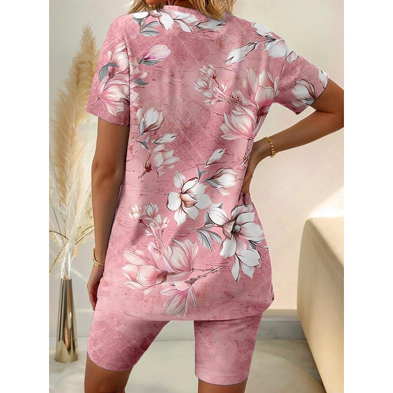 Women's T Shirt 2 Piece Set Floral Print Short Sleeve T-Shirt and Shorts Casual Comfort Pink Textured Homewear Spring Summer Outfit2